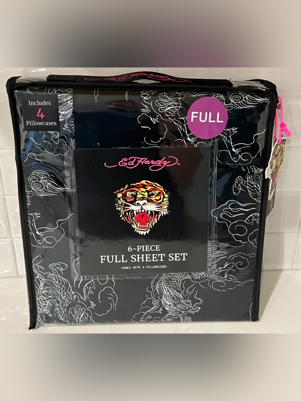 ED HARDY FULL Sheet Set 6pc New Black White Dragon Tattoo Grunge Y2K NIP Print